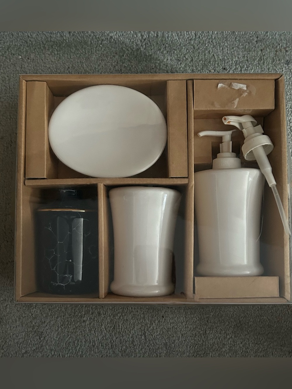 4 Piece Ceramic Bath Accessory Set, New (3 off white and 1 black marbleized)